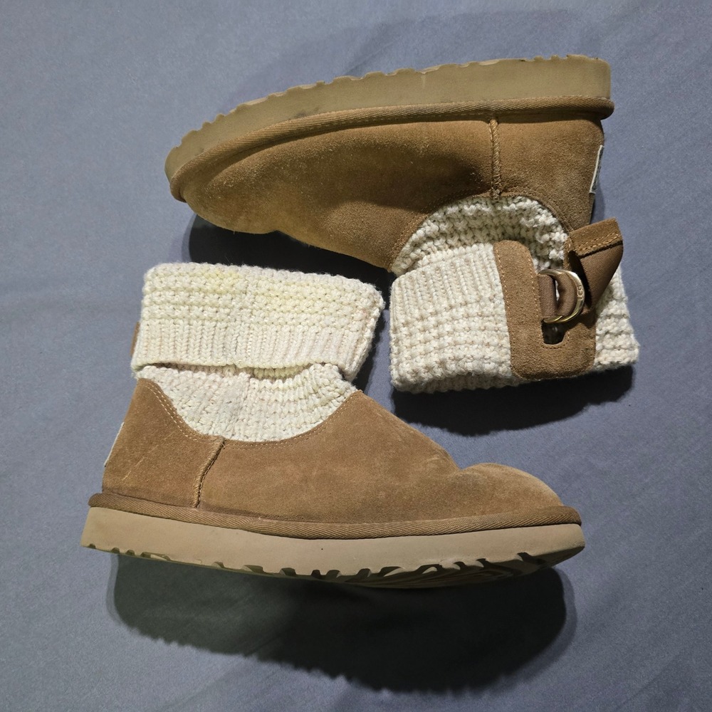 UGG Classic Solene Mini boots Women Size 8 Chestnut Suede Knit Cuff Buckle